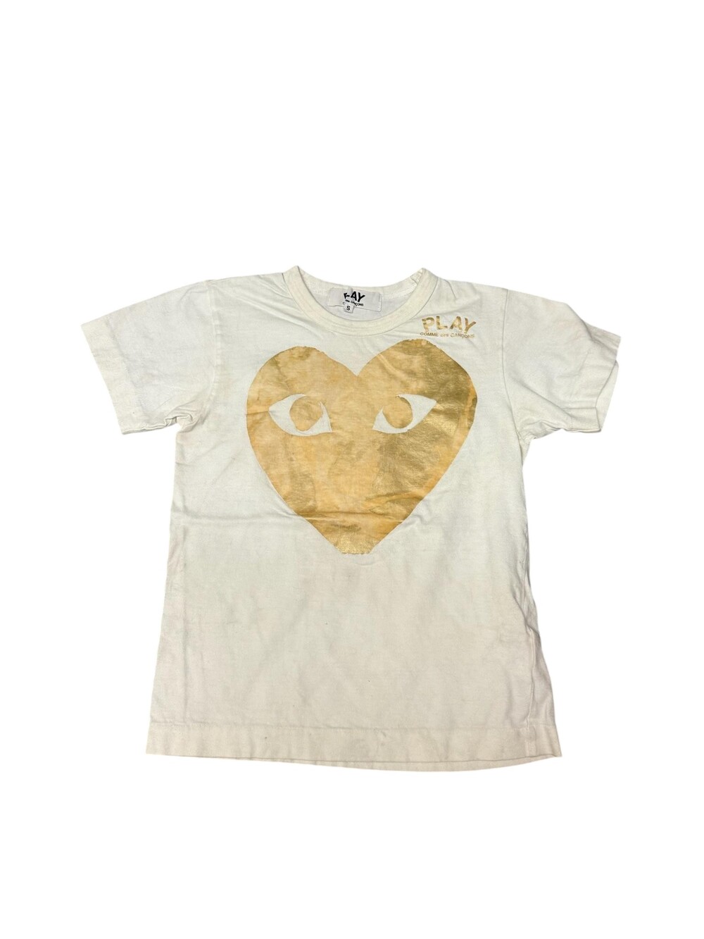 Comme Des Garcons Play Shirt Mens Small White Gold Heart Graphic Tee Designer